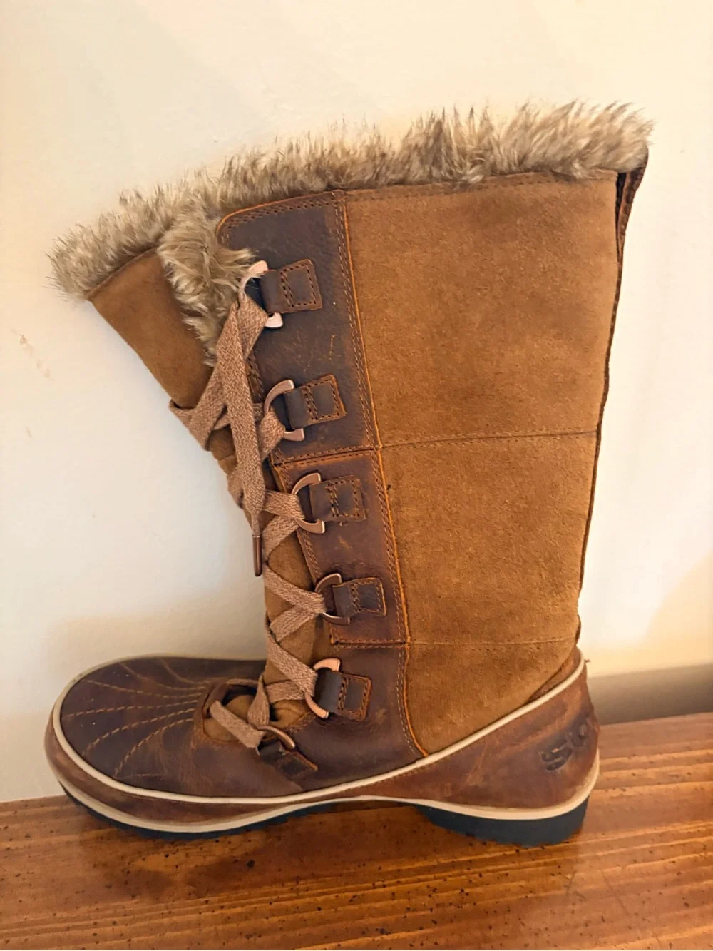 Sorel Women's Tan/Brown Fur-Trim Lace-Up Winter Boots Warm Leather Outdoors